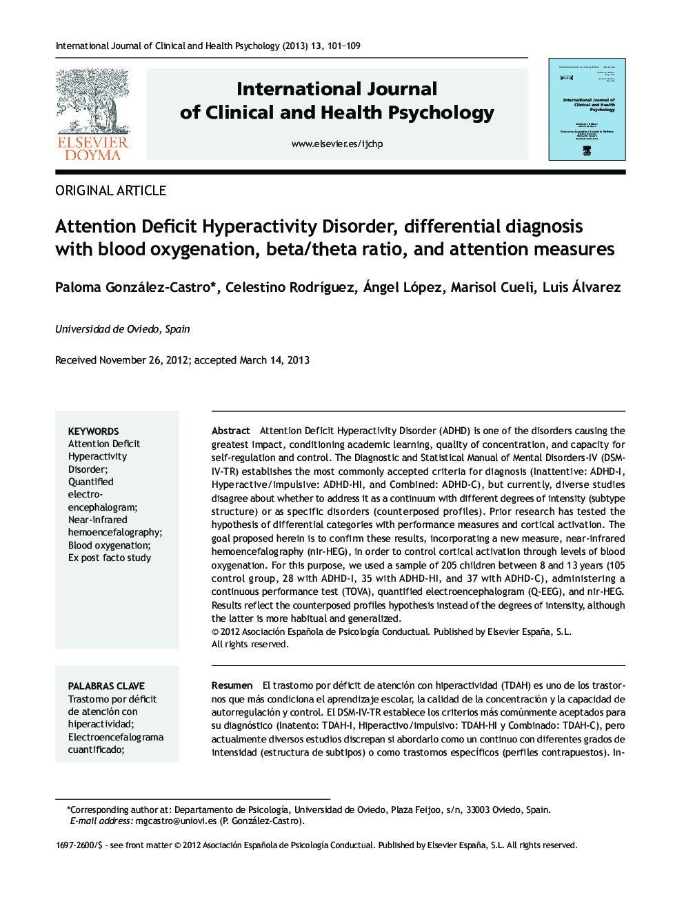 Attention Deficit Hyperactivity Disorder, differential diagnosis with blood oxygenation, beta/theta ratio, and attention measures