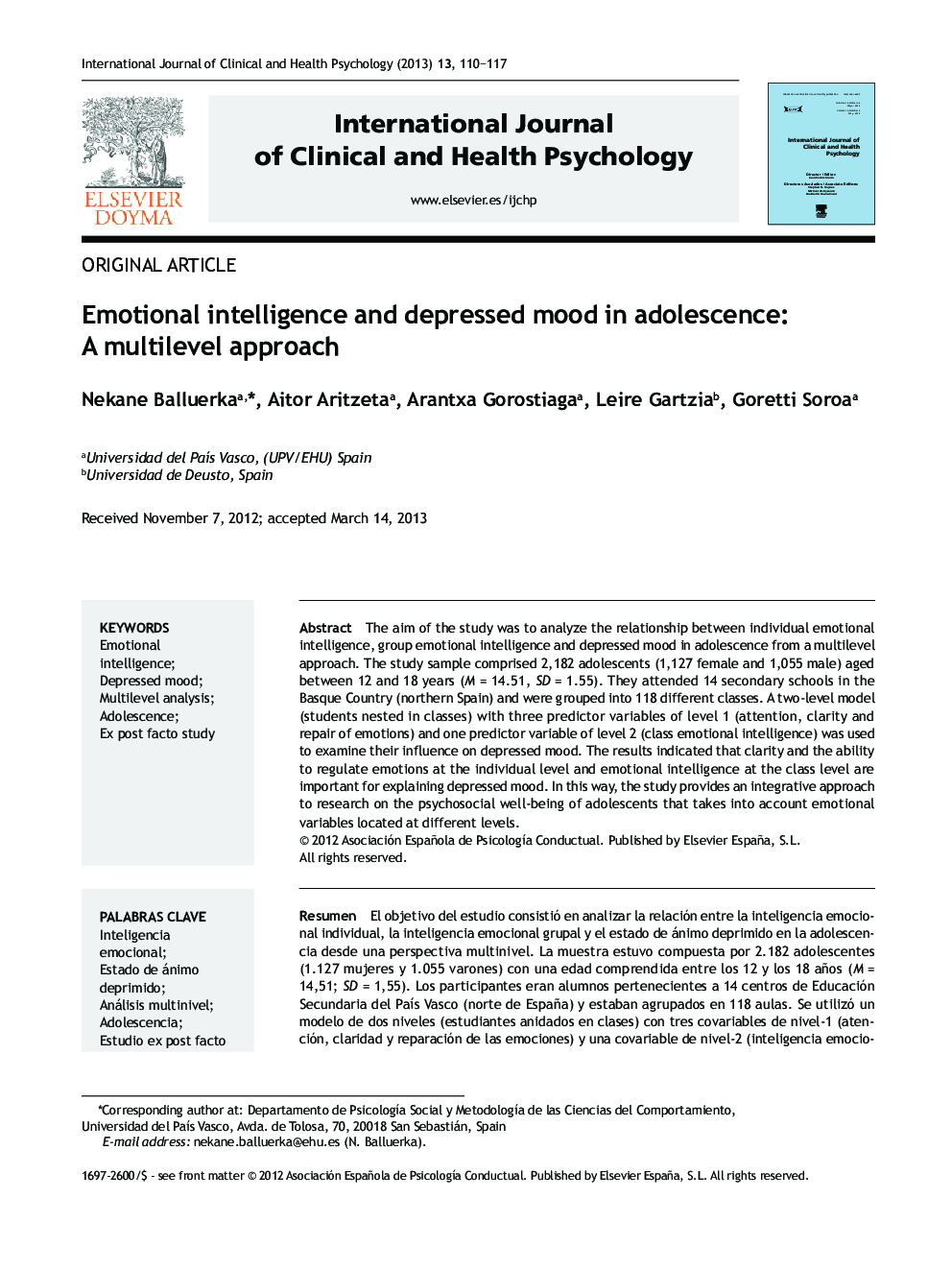 Emotional intelligence and depressed mood in adolescence: A multilevel approach