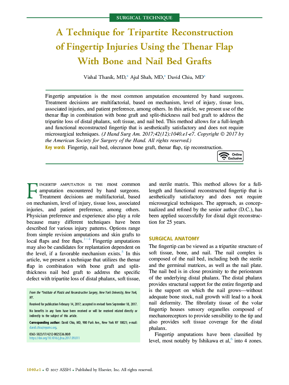 A Technique for Tripartite Reconstruction of Fingertip Injuries Using the Thenar Flap With Bone and Nail Bed Grafts