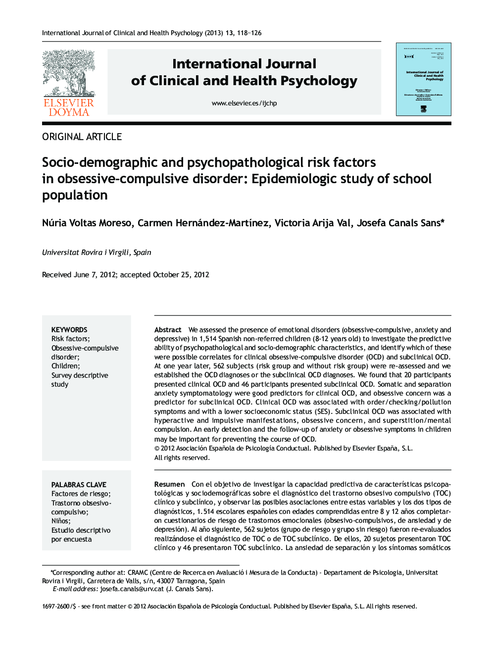 Socio-demographic and psychopathological risk factors in obsessive-compulsive disorder: Epidemiologic study of school population