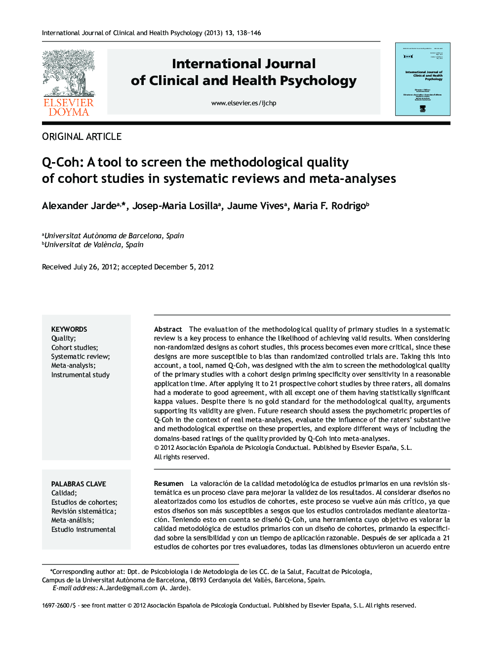 Q-Coh: A tool to screen the methodological quality of cohort studies in systematic reviews and meta-analyses