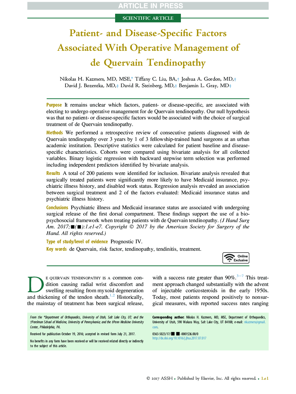 Patient- and Disease-Specific Factors Associated With Operative Management of de Quervain Tendinopathy