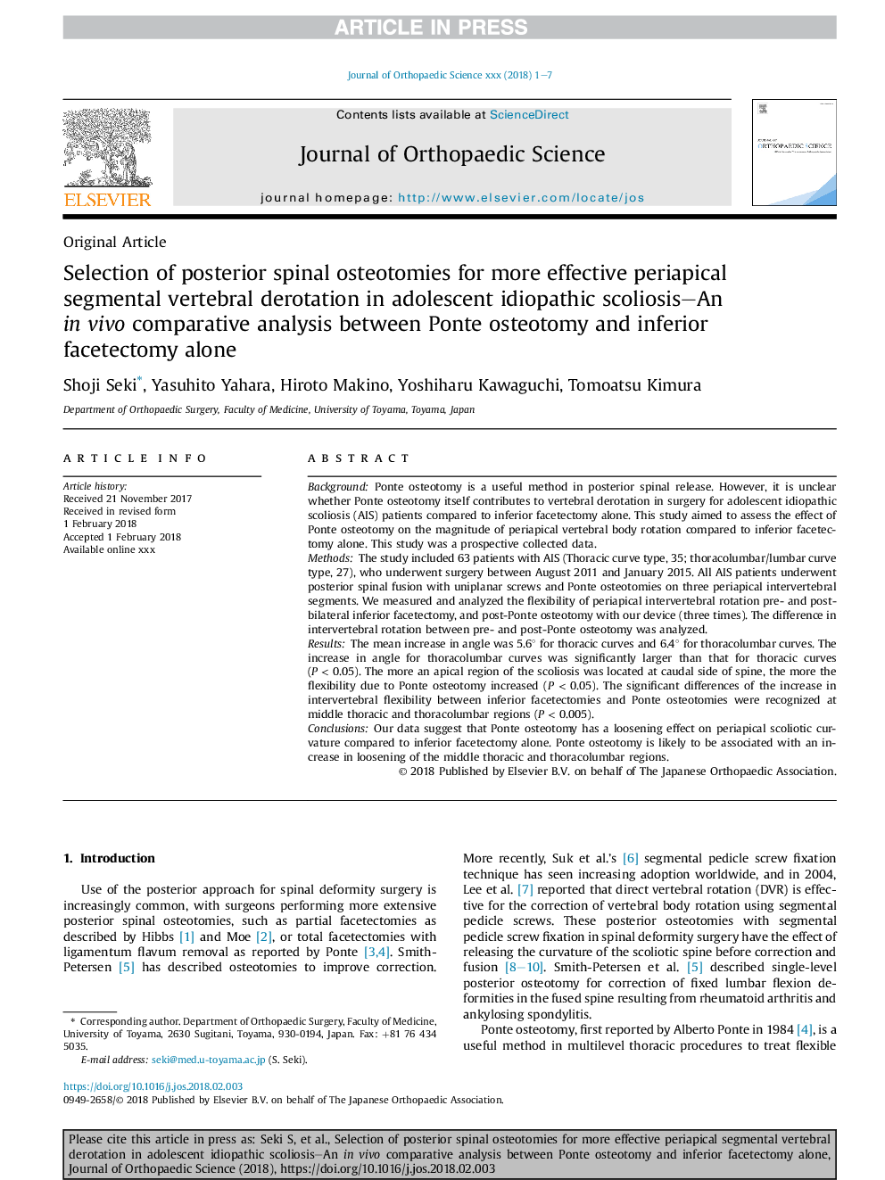 عکس صفحه اول مقاله: Selection of posterior spinal osteotomies for more effective periapical segmental vertebral derotation in adolescent idiopathic scoliosis-An in vivo comparative analysis between Ponte osteotomy and inferior facetectomy alone Selection of posterior spinal osteotomies for more effective periapical segmental vertebral derotation in adolescent idiopathic scoliosis-An in vivo comparative analysis between Ponte osteotomy and inferior facetectomy alone