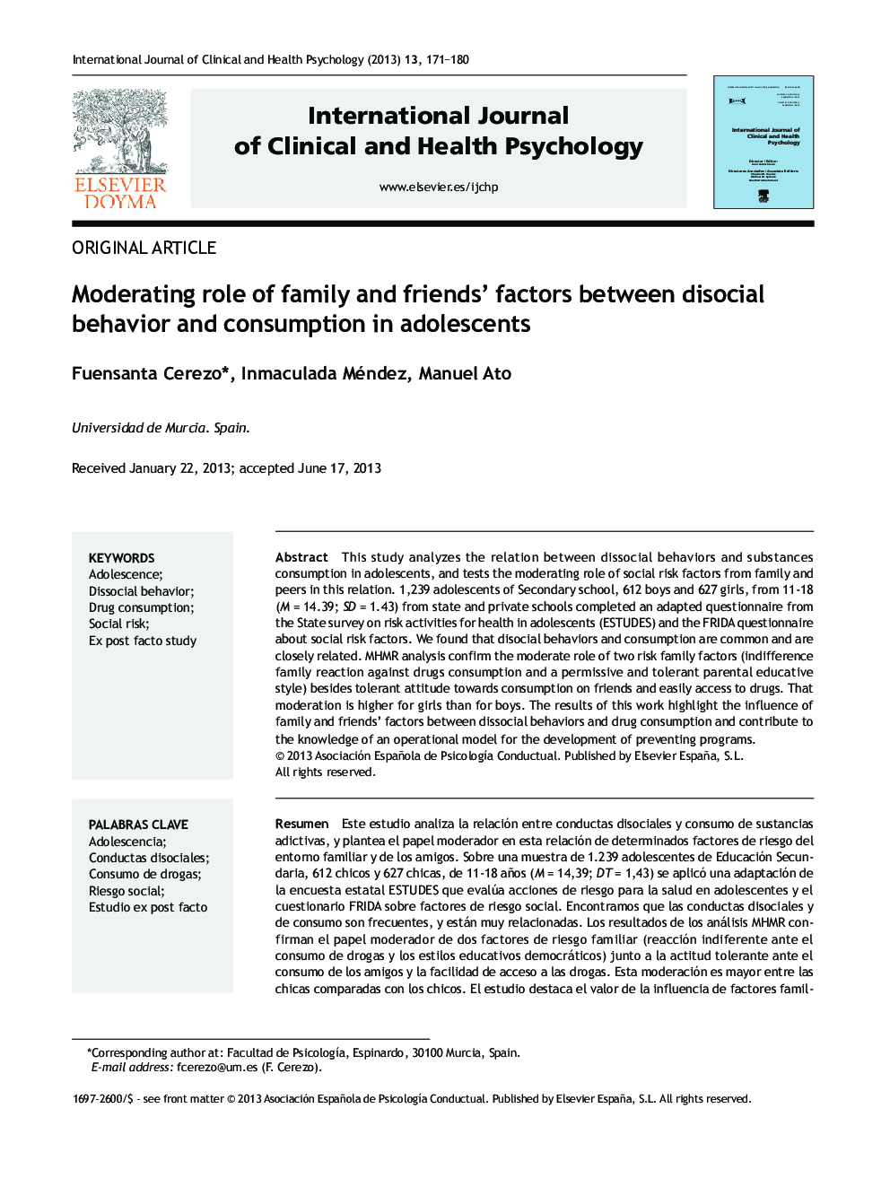 Moderating role of family and friends’ factors between disocial behavior and consumption in adolescents