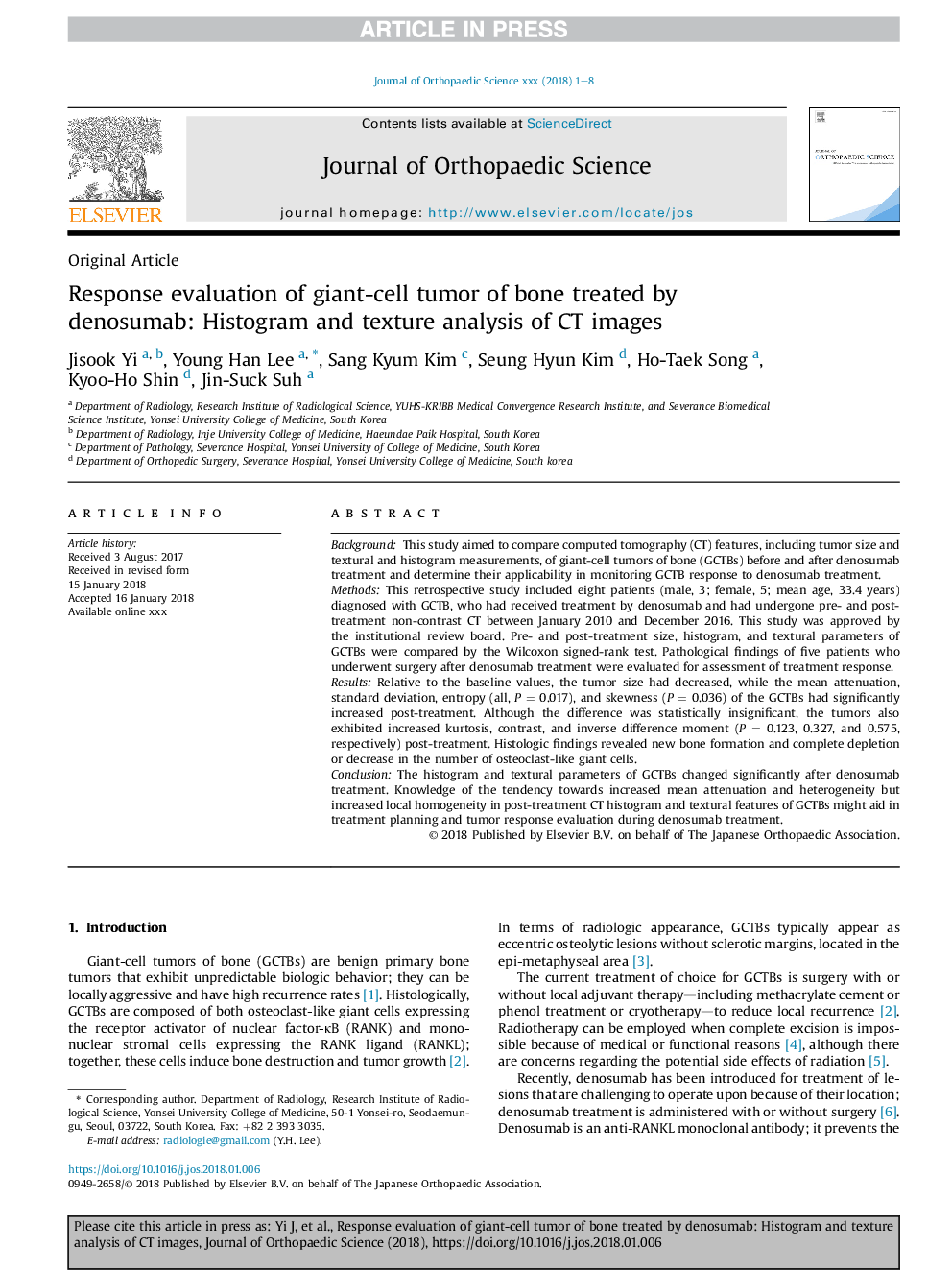 عکس صفحه اول مقاله: Response evaluation of giant-cell tumor of bone treated by denosumab: Histogram and texture analysis of CT images Response evaluation of giant-cell tumor of bone treated by denosumab: Histogram and texture analysis of CT images