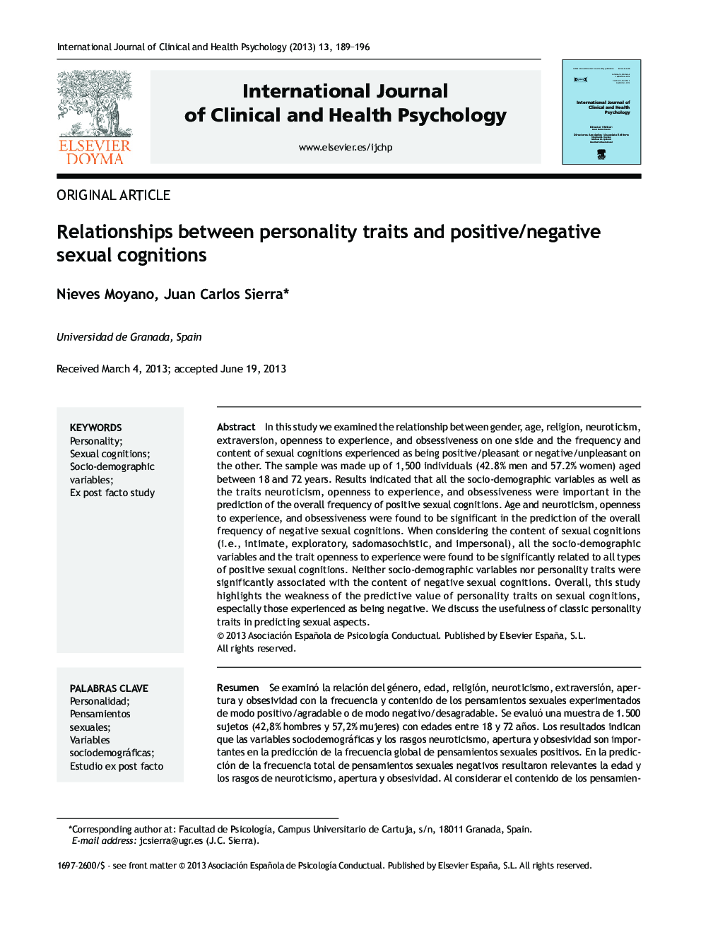 Relationships between personality traits and positive/negative sexual cognitions