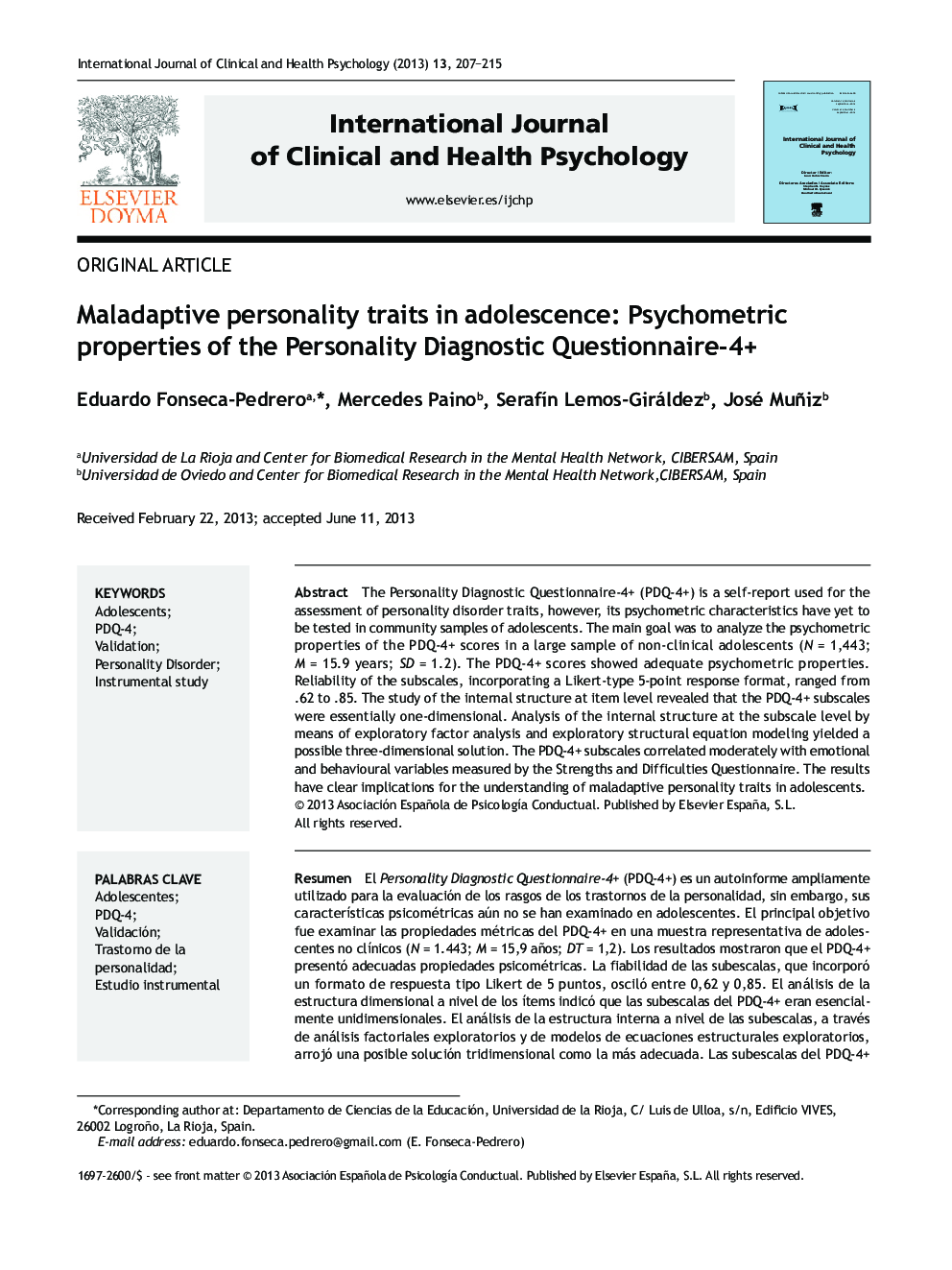 Maladaptive personality traits in adolescence: Psychometric properties of the Personality Diagnostic Questionnaire-4+