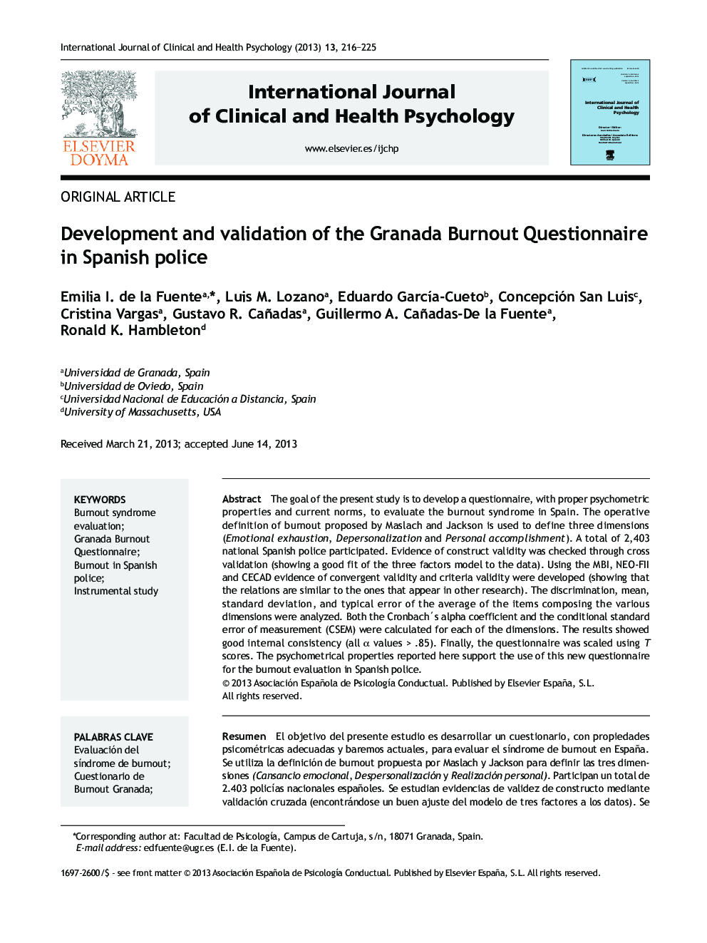 Development and validation of the Granada Burnout Questionnaire in Spanish police