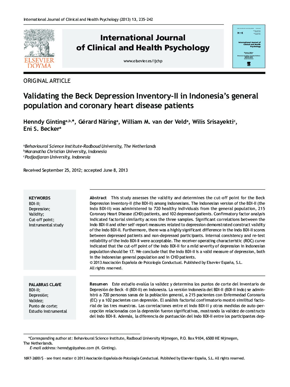 Validating the Beck Depression Inventory-II in Indonesia's general population and coronary heart disease patients