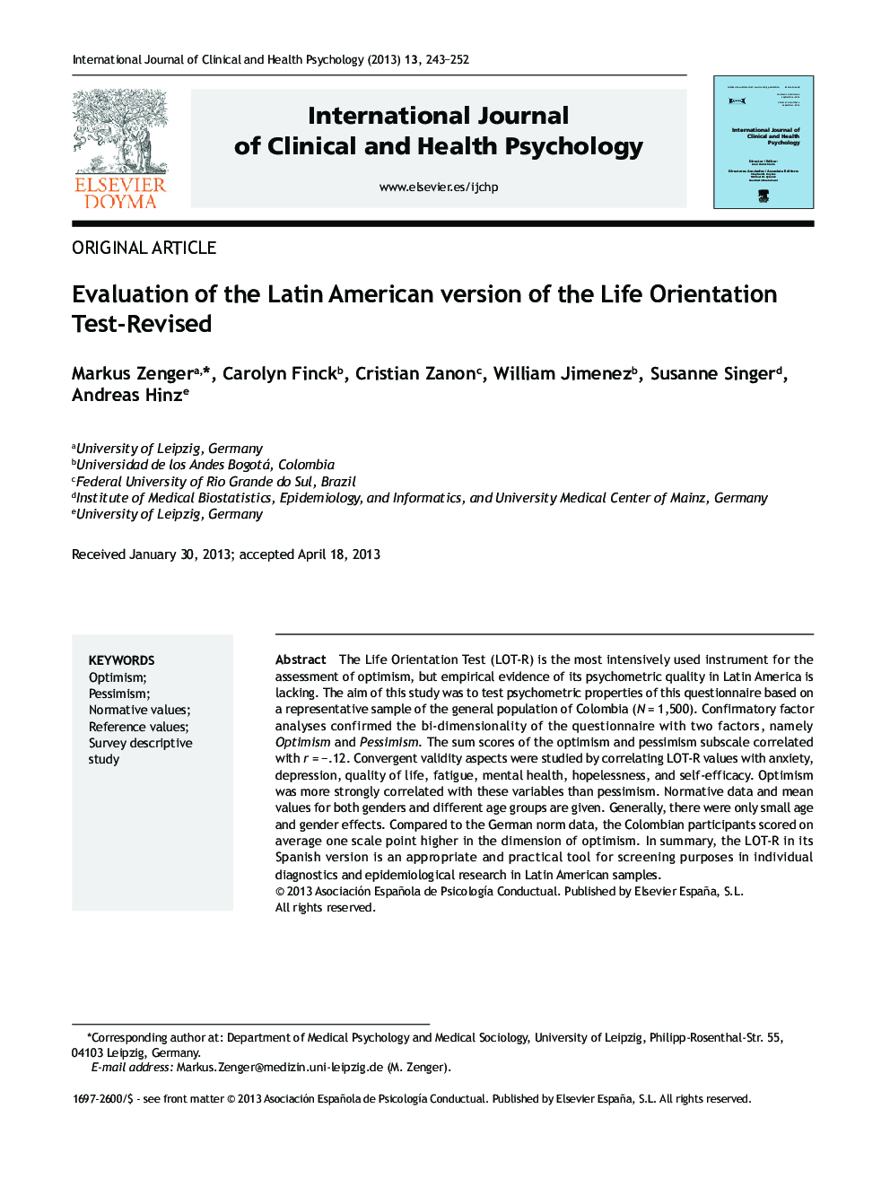 Evaluation of the Latin American version of the Life Orientation Test-Revised