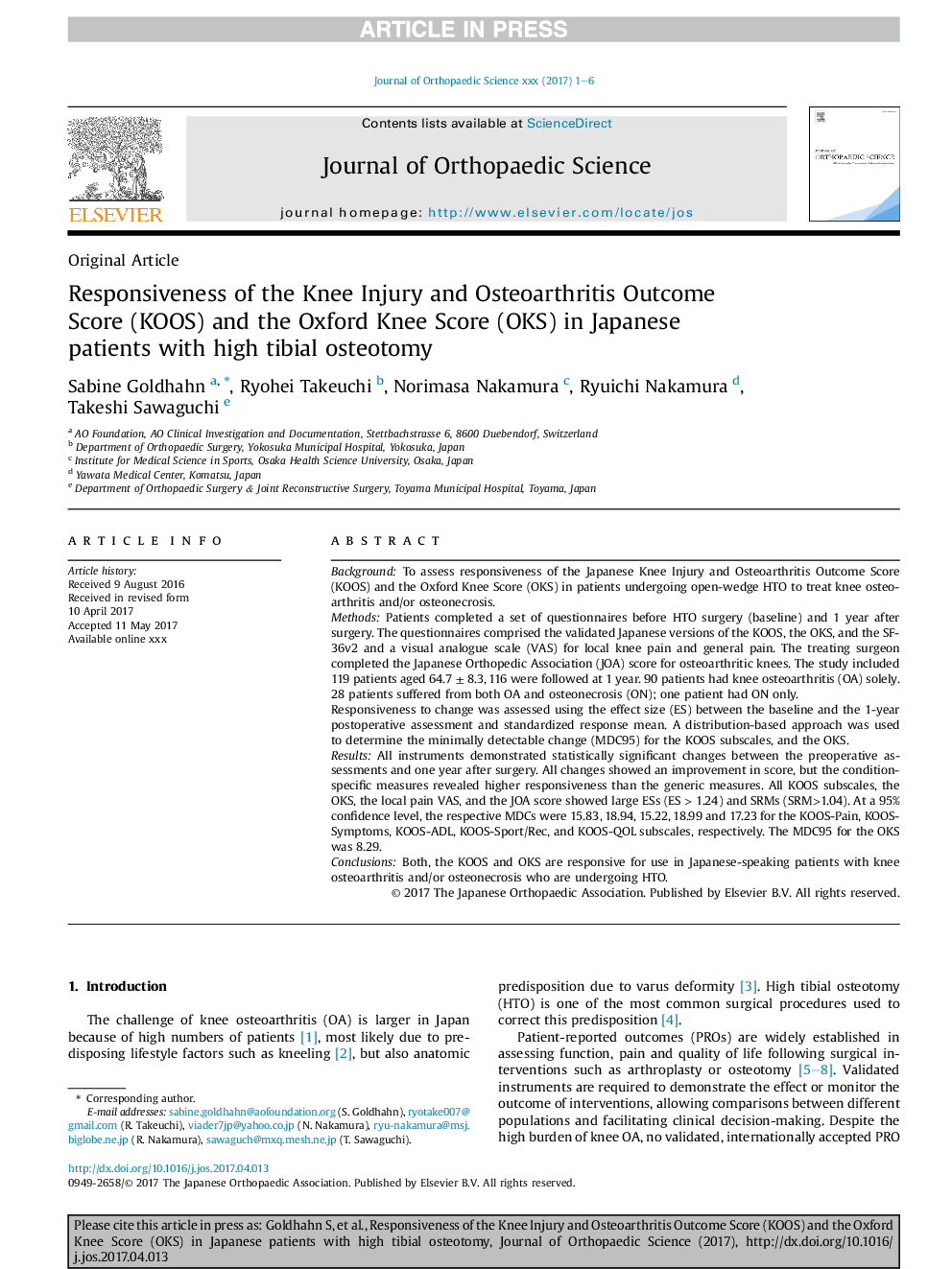 عکس صفحه اول مقاله: Responsiveness of the Knee Injury and Osteoarthritis Outcome Score (KOOS) and the Oxford Knee Score (OKS) in Japanese patients with high tibial osteotomy Responsiveness of the Knee Injury and Osteoarthritis Outcome Score (KOOS) and the Oxford Knee Score (OKS) in Japanese patients with high tibial osteotomy