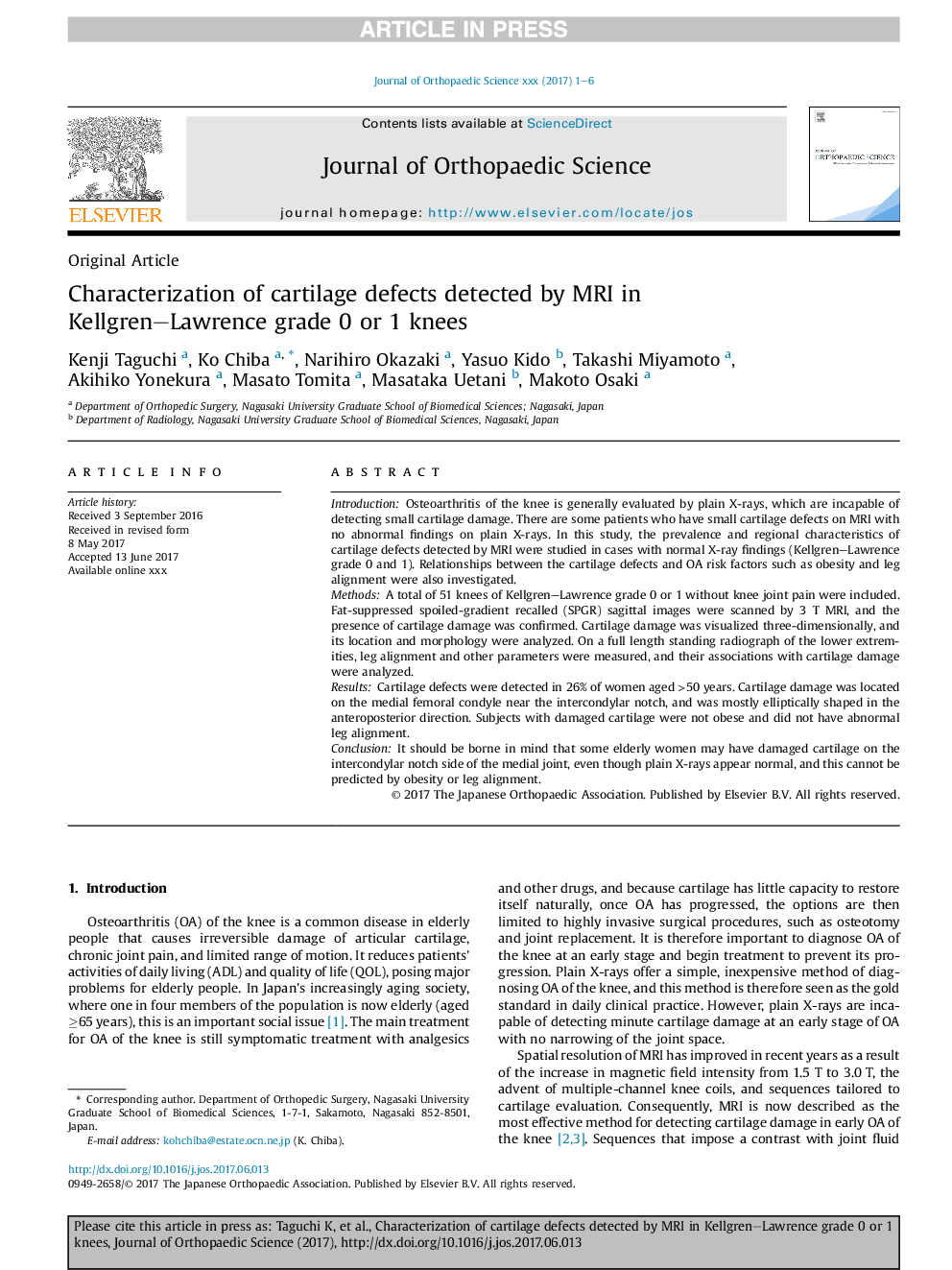 عکس صفحه اول مقاله: Characterization of cartilage defects detected by MRI in Kellgren-Lawrence grade 0 or 1 knees Characterization of cartilage defects detected by MRI in Kellgren-Lawrence grade 0 or 1 knees