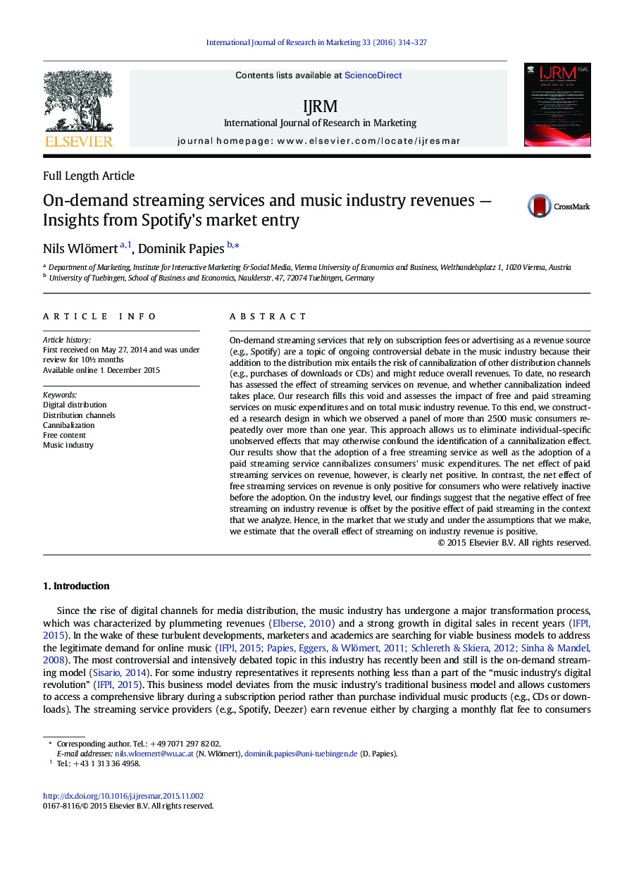 On-demand streaming services and music industry revenues — Insights from Spotify's market entry