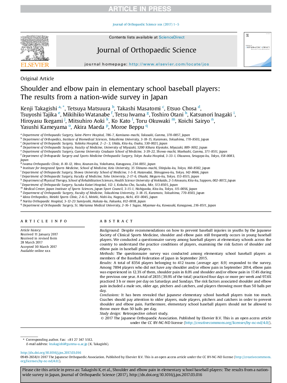 Shoulder and elbow pain in elementary school baseball players: TheÂ results from a nation-wide survey in Japan