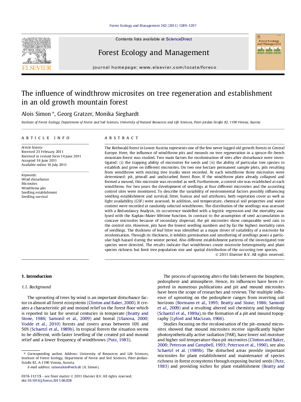 The influence of windthrow microsites on tree regeneration and establishment in an old growth mountain forest