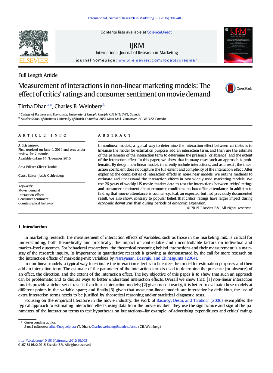 Measurement of interactions in non-linear marketing models: The effect of critics' ratings and consumer sentiment on movie demand