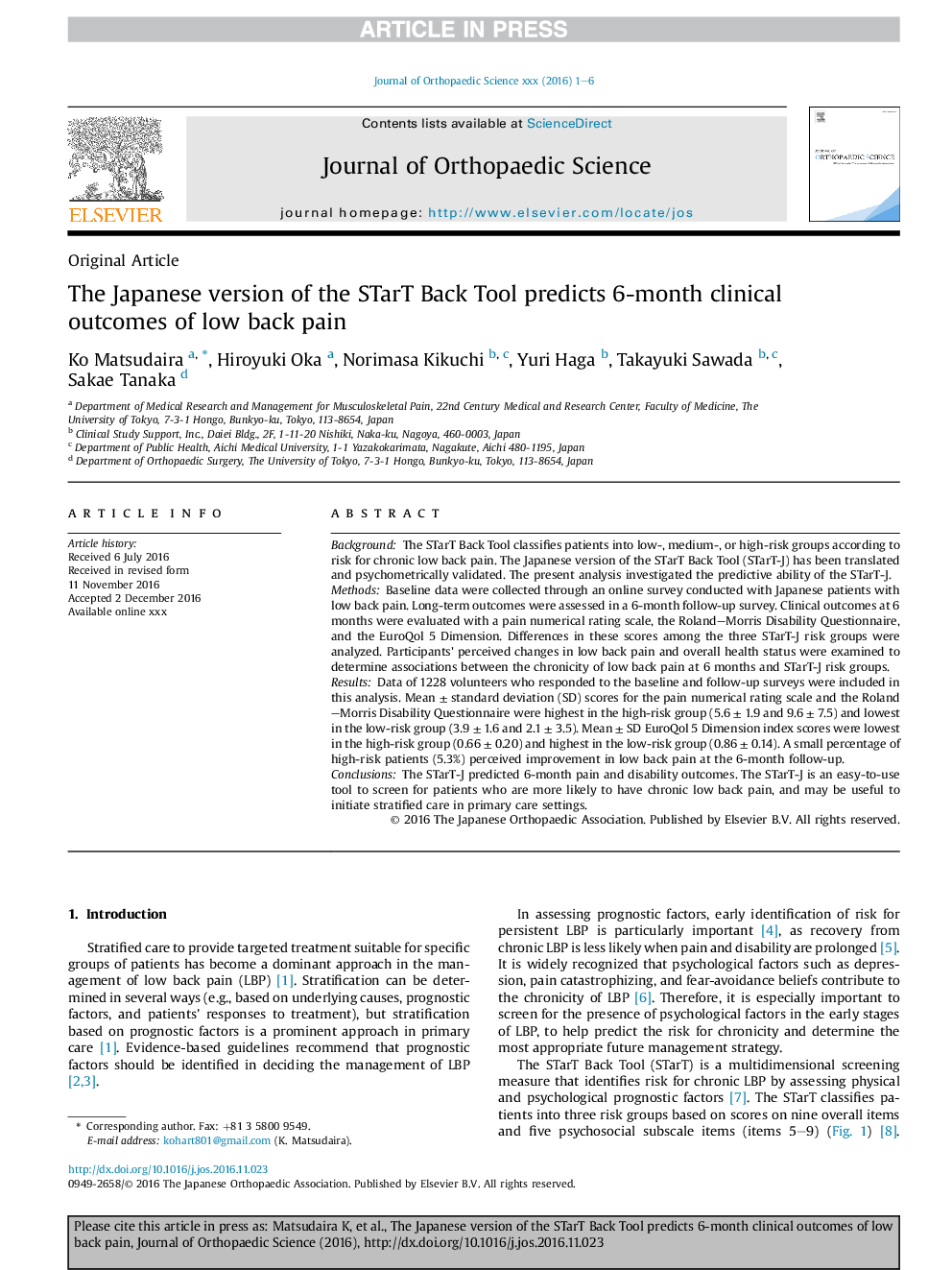 عکس صفحه اول مقاله: The Japanese version of the STarT Back Tool predicts 6-month clinical outcomes of low back pain The Japanese version of the STarT Back Tool predicts 6-month clinical outcomes of low back pain