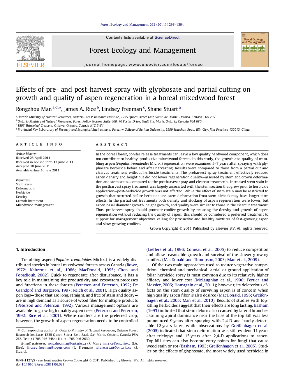 Effects of pre- and post-harvest spray with glyphosate and partial cutting on growth and quality of aspen regeneration in a boreal mixedwood forest