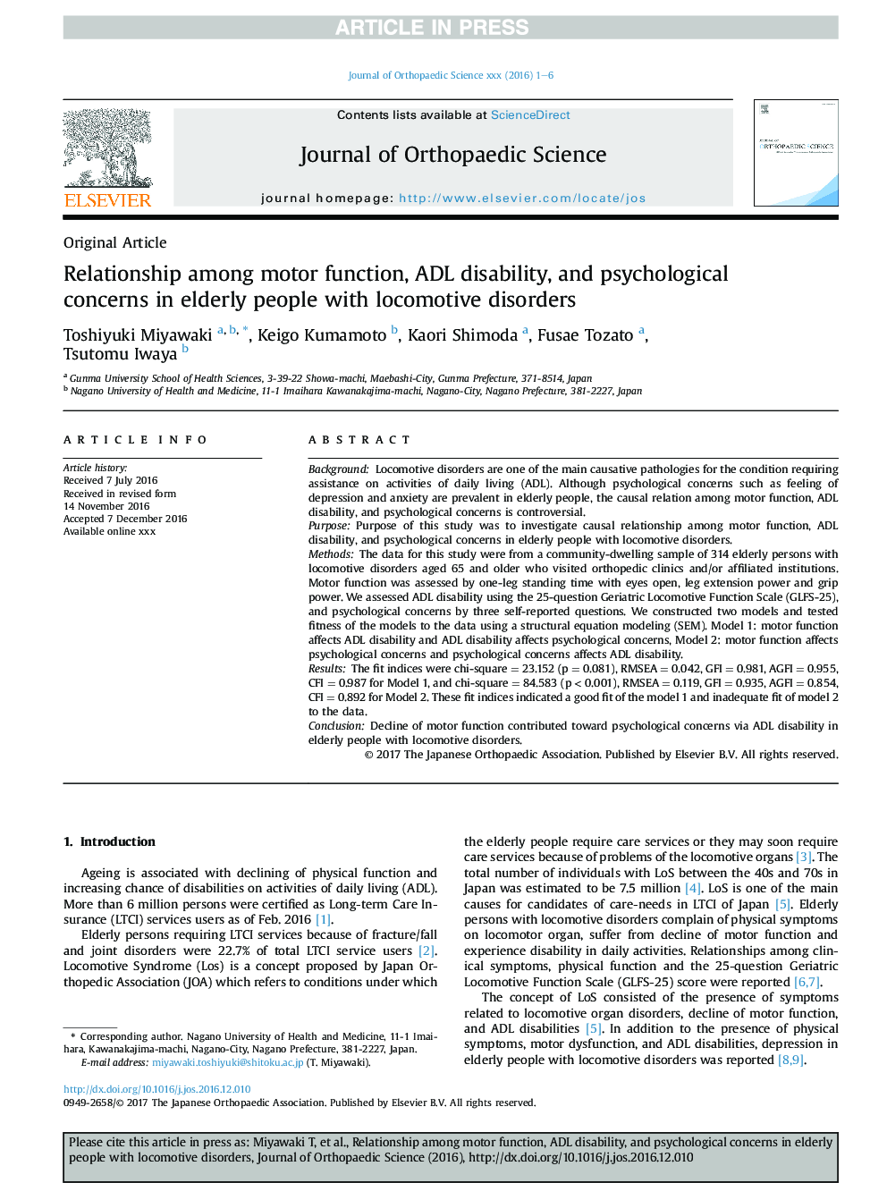 Relationship among motor function, ADL disability, and psychological concerns in elderly people with locomotive disorders