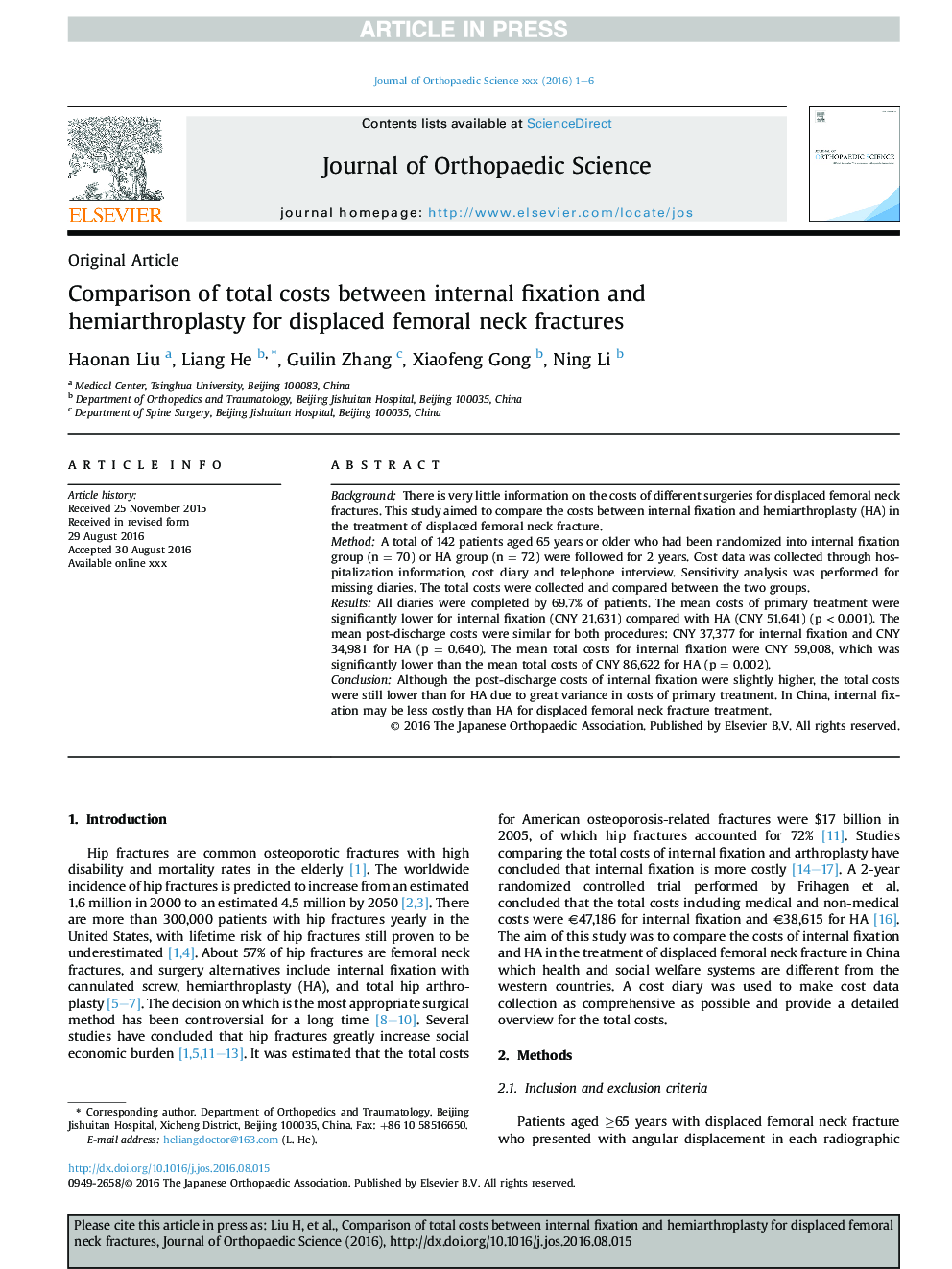 Comparison of total costs between internal fixation and hemiarthroplasty for displaced femoral neck fractures