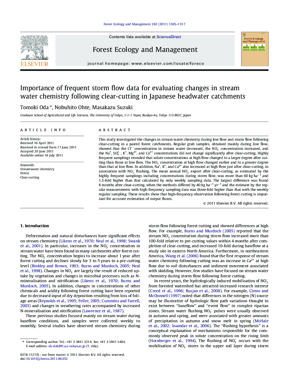 Importance of frequent storm flow data for evaluating changes in stream water chemistry following clear-cutting in Japanese headwater catchments