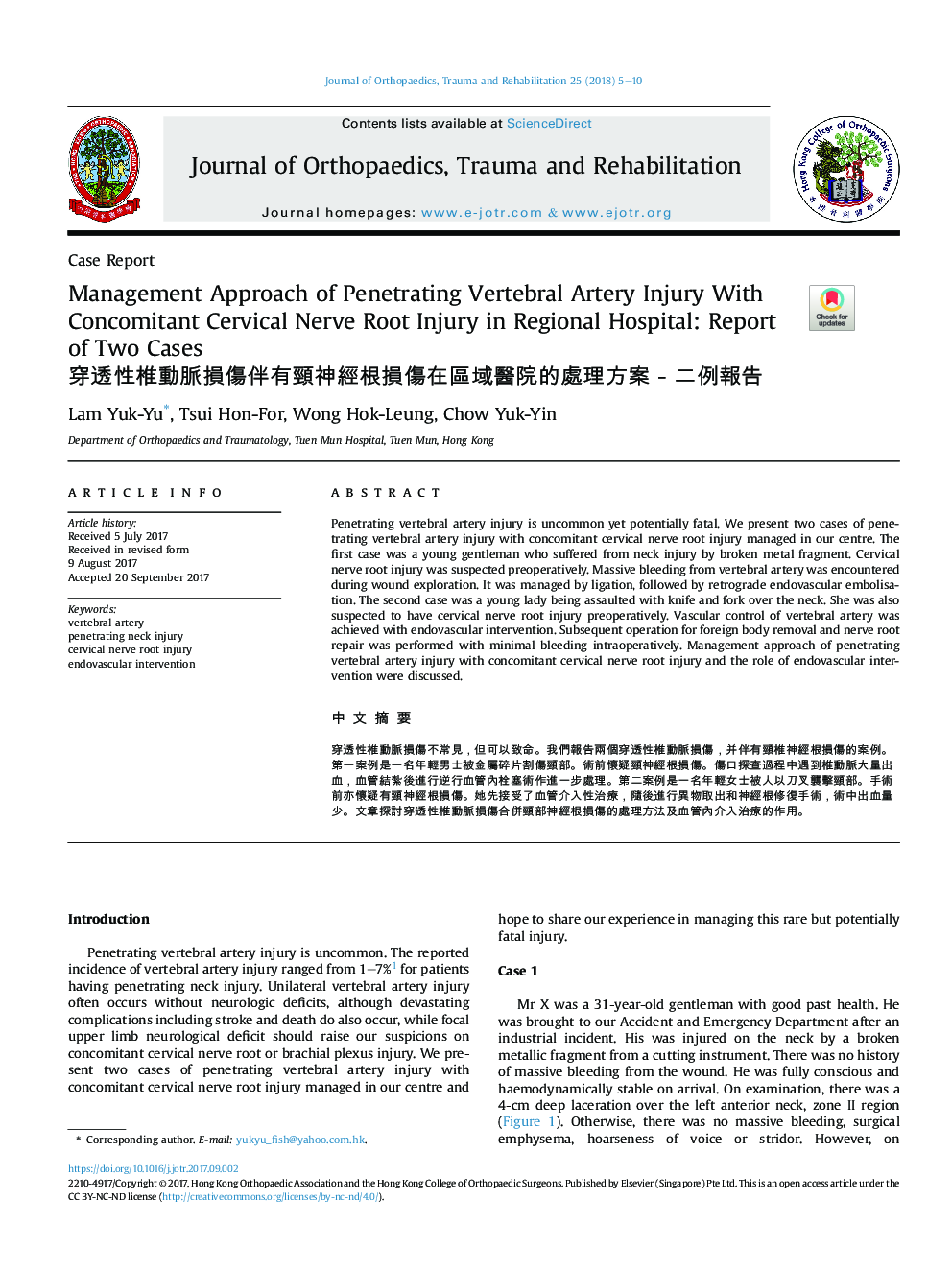 Management Approach of Penetrating Vertebral Artery Injury With Concomitant Cervical Nerve Root Injury in Regional Hospital: Report of Two Cases