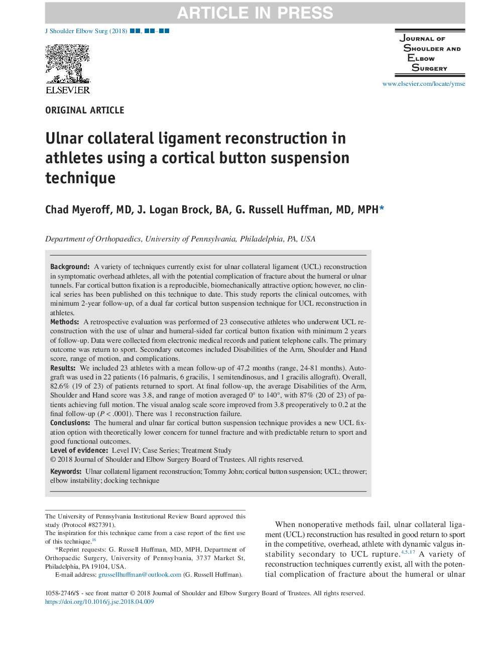 Ulnar collateral ligament reconstruction in athletes using a cortical button suspension technique