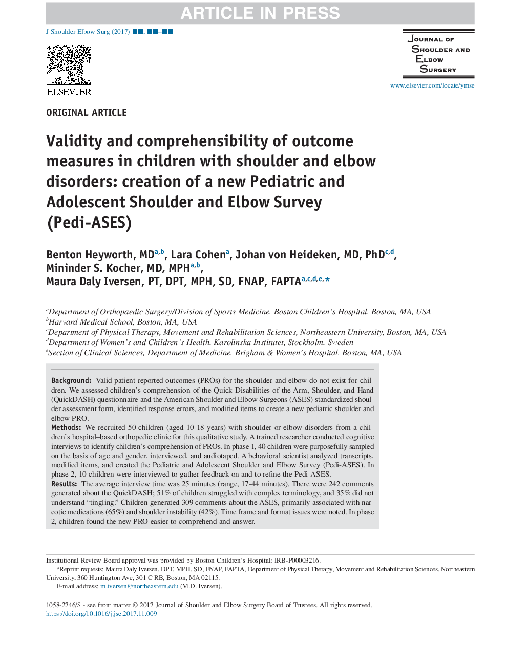 Validity and comprehensibility of outcome measures in children with shoulder and elbow disorders: creation of a new Pediatric and Adolescent Shoulder and Elbow Survey (Pedi-ASES)