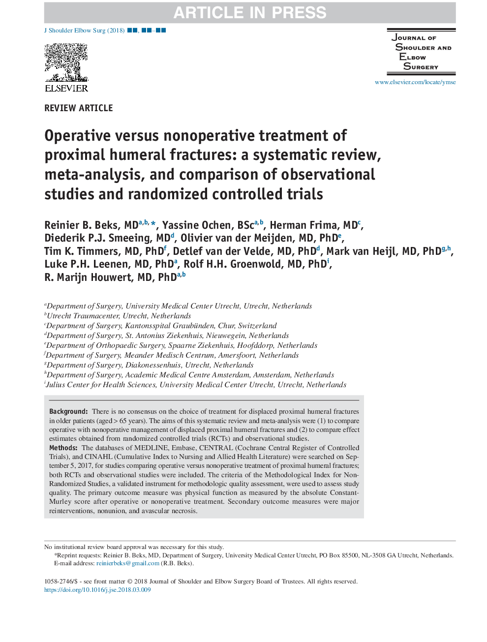 Operative versus nonoperative treatment of proximal humeral fractures: a systematic review, meta-analysis, and comparison of observational studies and randomized controlled trials