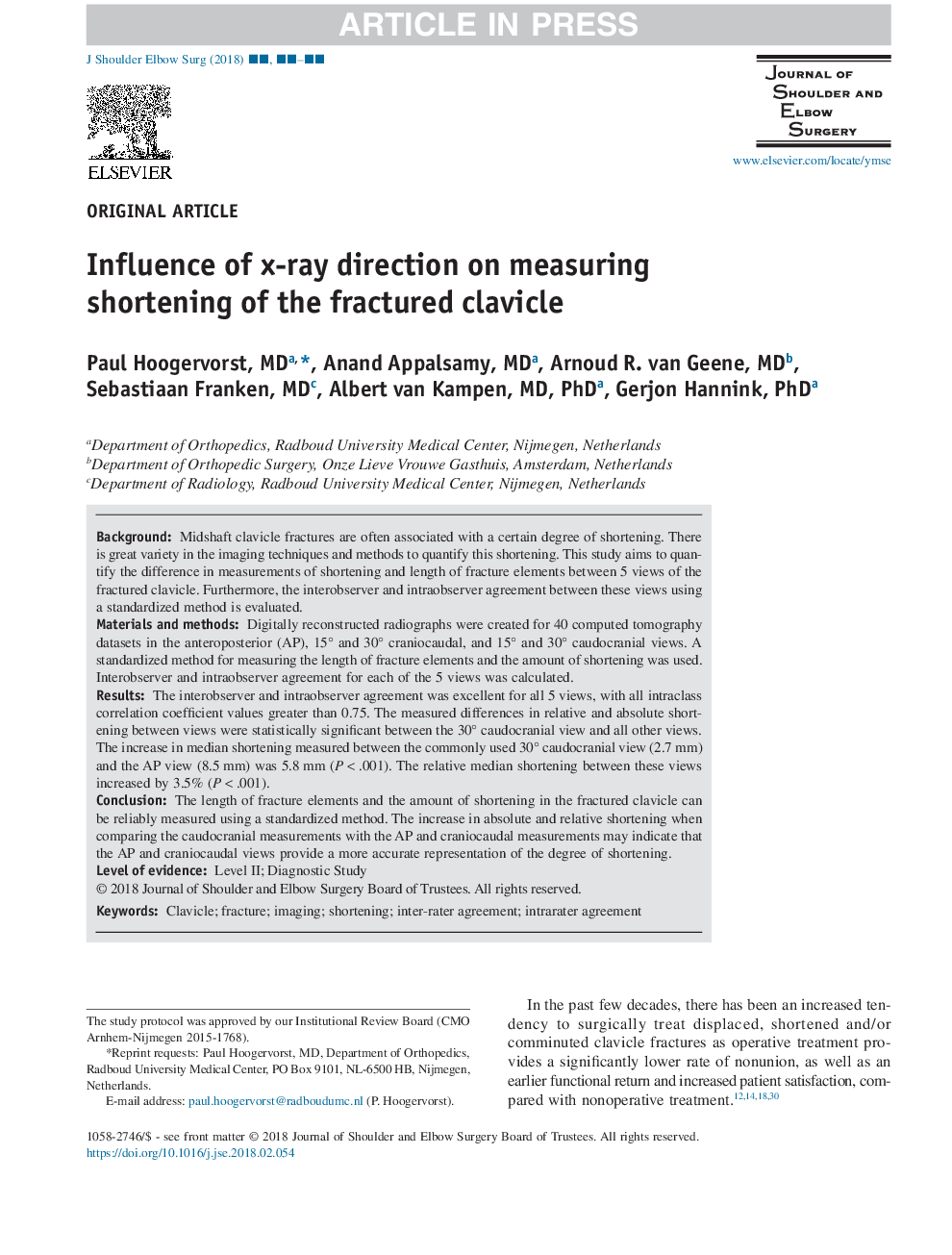 Influence of x-ray direction on measuring shortening of the fractured clavicle