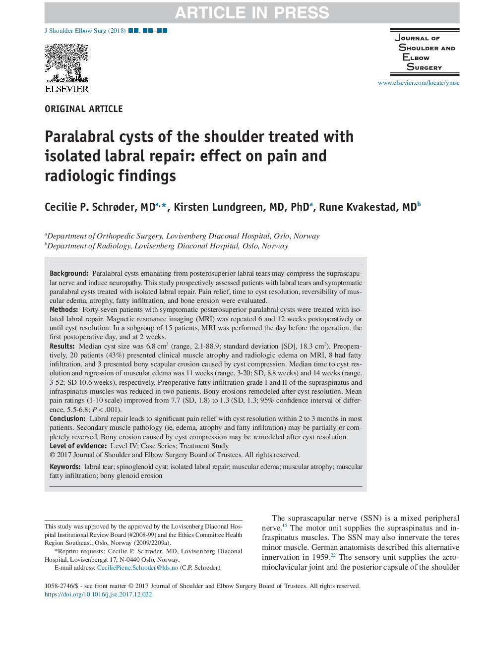 Paralabral cysts of the shoulder treated with isolated labral repair: effect on pain and radiologic findings