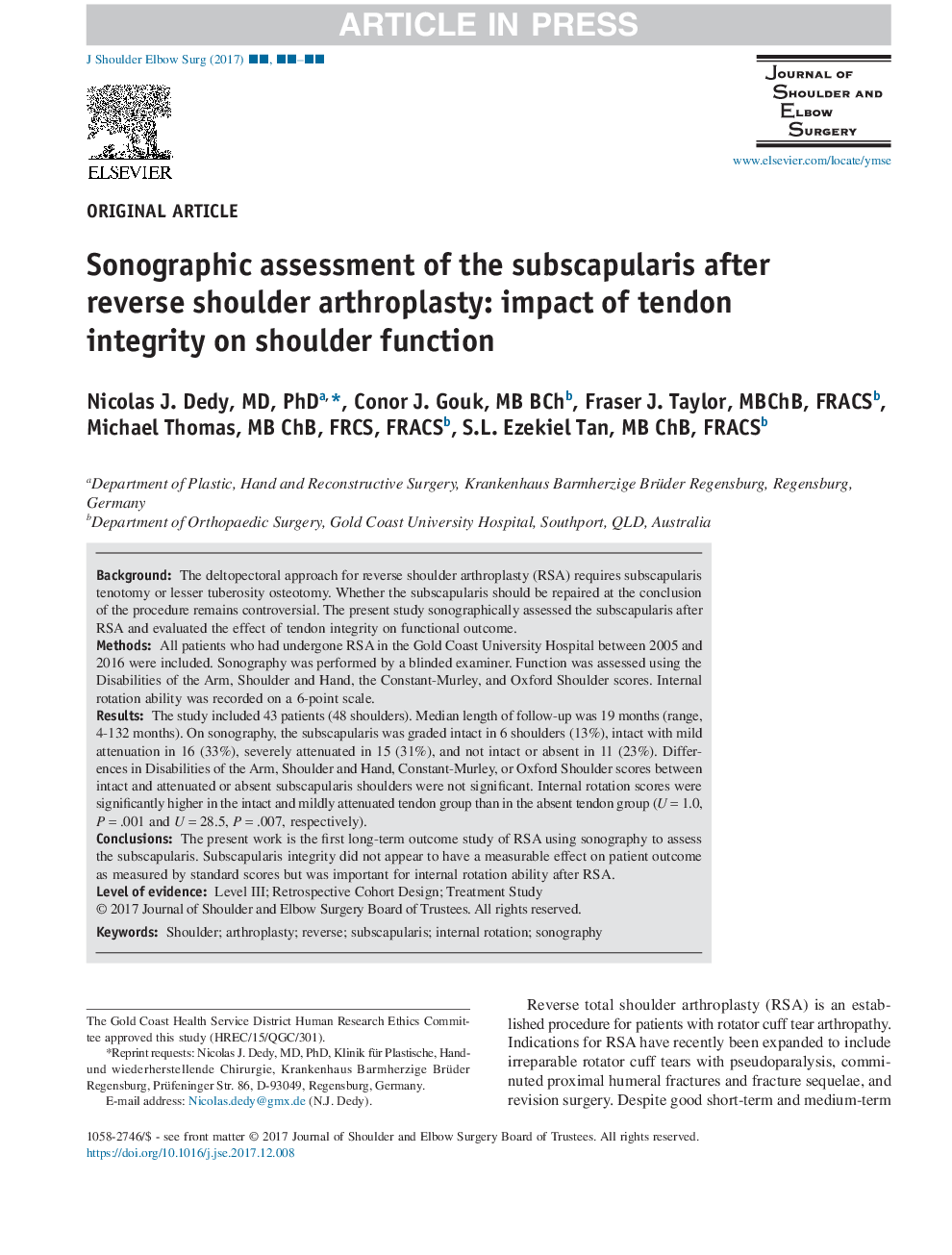 Sonographic assessment of the subscapularis after reverse shoulder arthroplasty: impact of tendon integrity on shoulder function