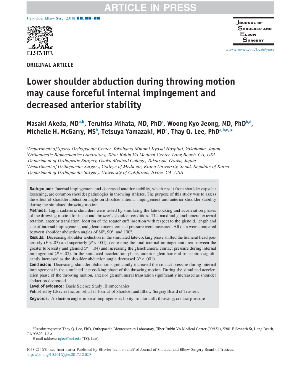 Lower shoulder abduction during throwing motion may cause forceful internal impingement and decreased anterior stability