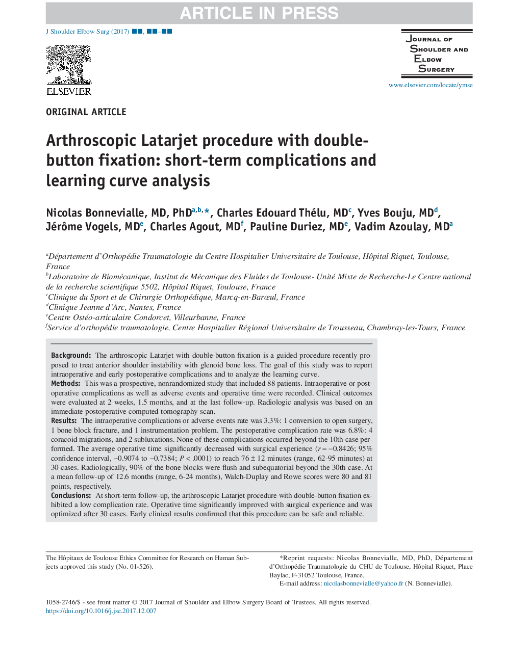 Arthroscopic Latarjet procedure with double-button fixation: short-term complications and learning curve analysis