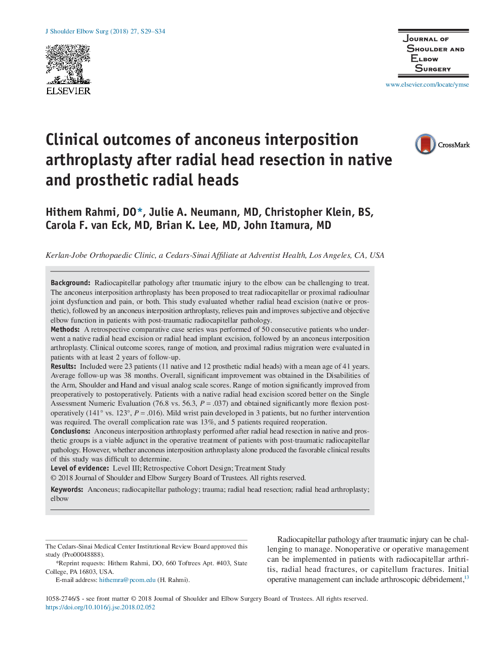 Clinical outcomes of anconeus interposition arthroplasty after radial head resection in native and prosthetic radial heads