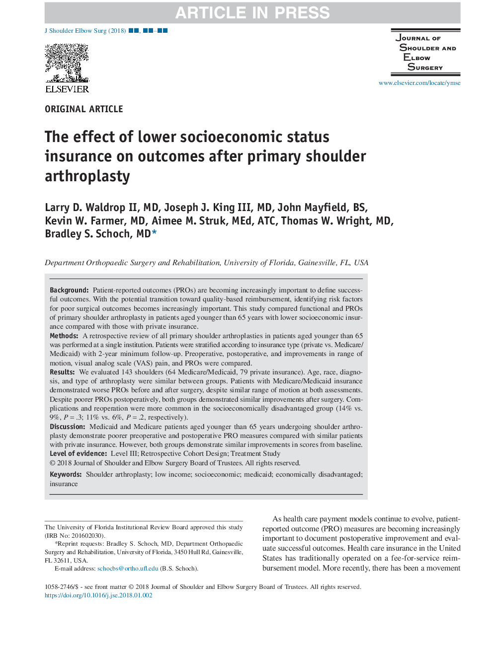 تأثیر بیمه وضعیت اجتماعی پایین تر بر نتایج بعد از آرتروپلاستی شانه اولیه 