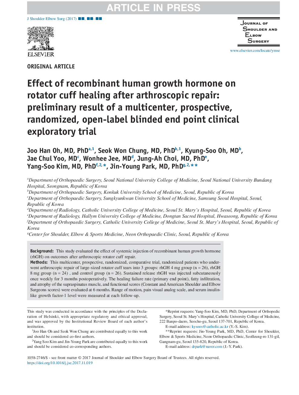 اثر هورمون رشد نوترکیب انسان بر بهبود روتاتور کاف پس از ترمیم آرتروسکوپیک: نتیجه اولیه آزمایش بالینی چند مرحلهای، آینده نگر، تصادفی و باز 