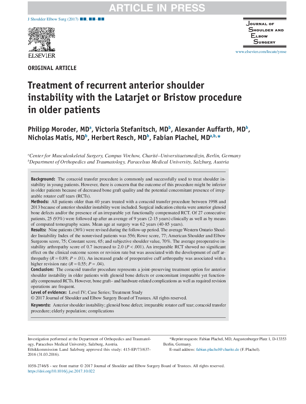 Treatment of recurrent anterior shoulder instability with the Latarjet or Bristow procedure in older patients