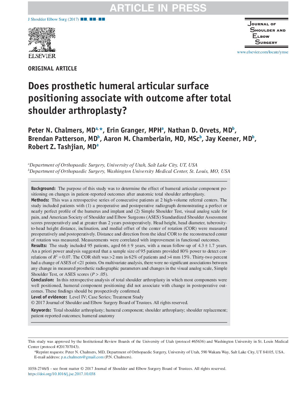Does prosthetic humeral articular surface positioning associate with outcome after total shoulder arthroplasty?