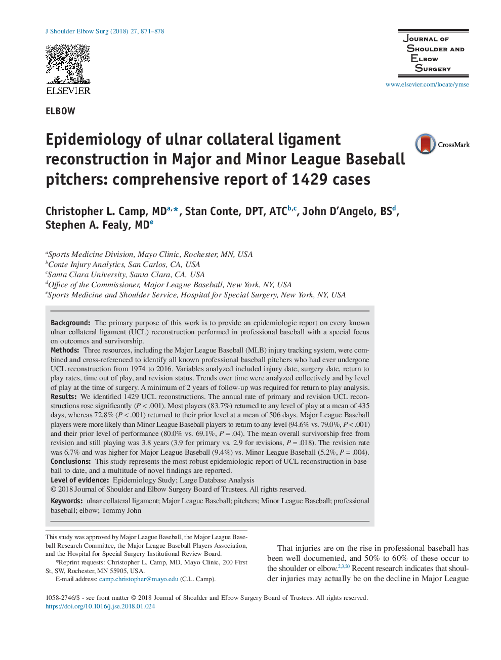 Epidemiology of ulnar collateral ligament reconstruction in Major and Minor League Baseball pitchers: comprehensive report of 1429 cases