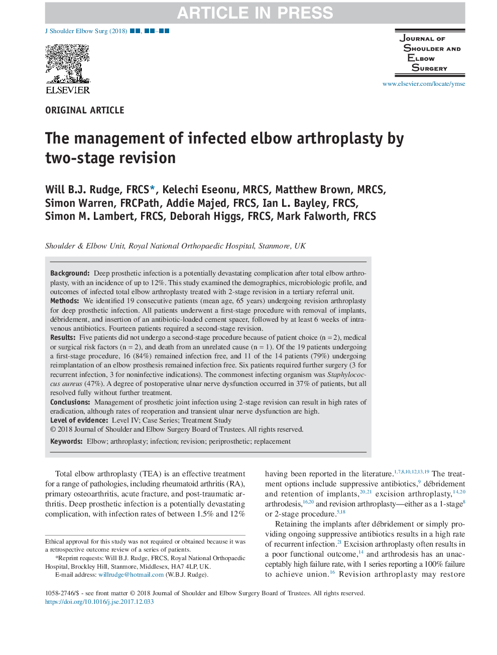 The management of infected elbow arthroplasty by two-stage revision