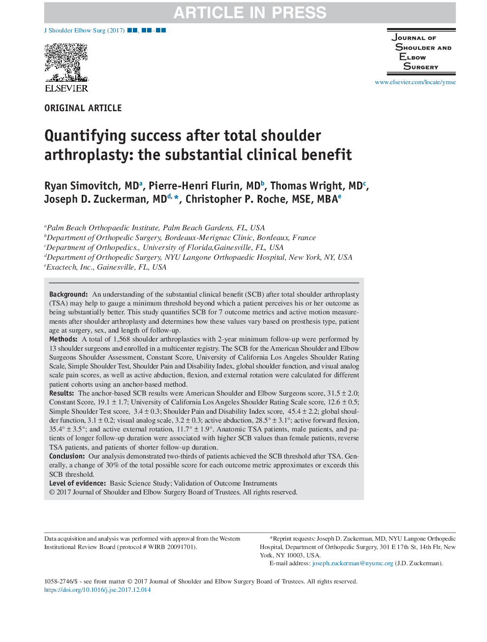 Quantifying success after total shoulder arthroplasty: the substantial clinical benefit