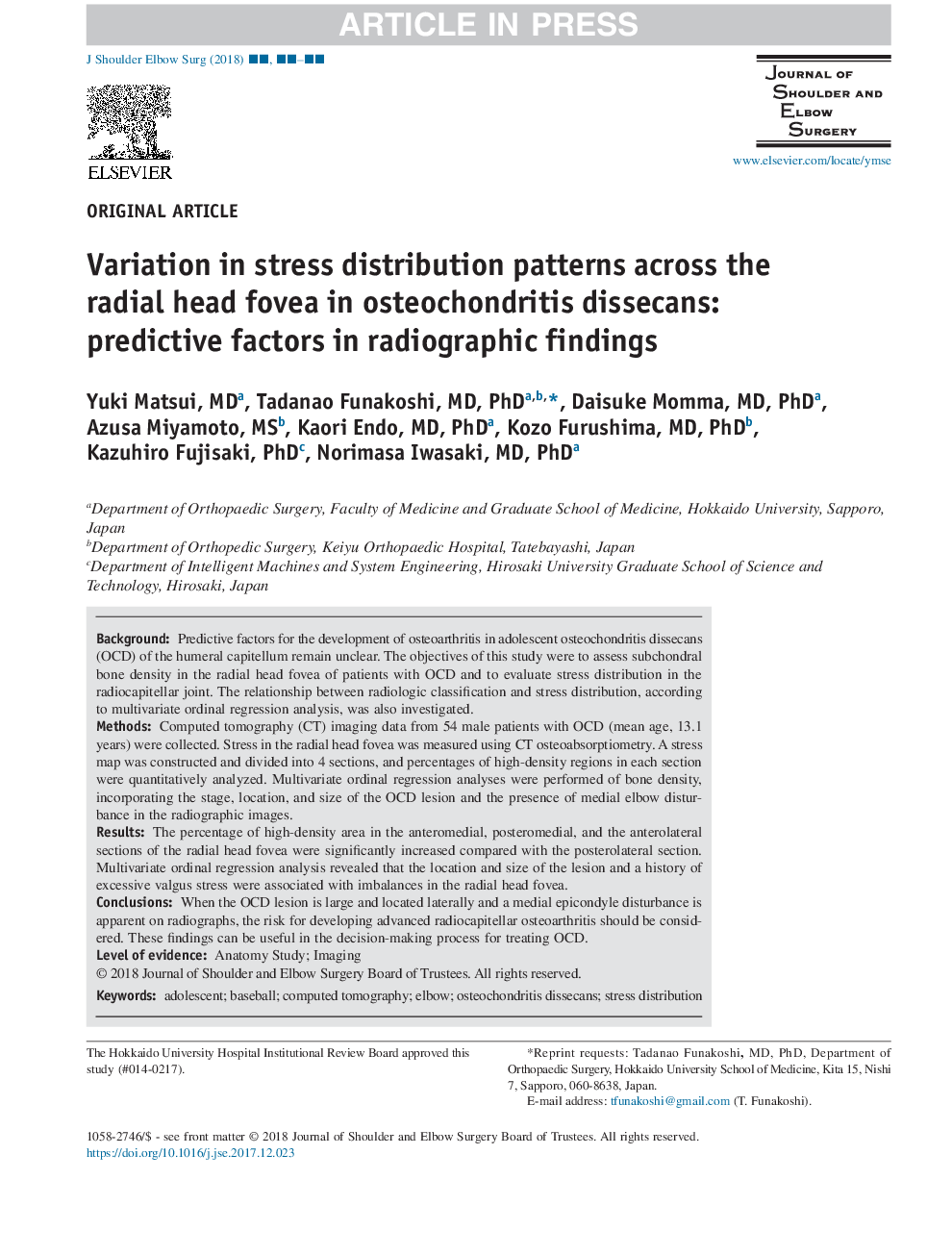 Variation in stress distribution patterns across the radial head fovea in osteochondritis dissecans: predictive factors in radiographic findings