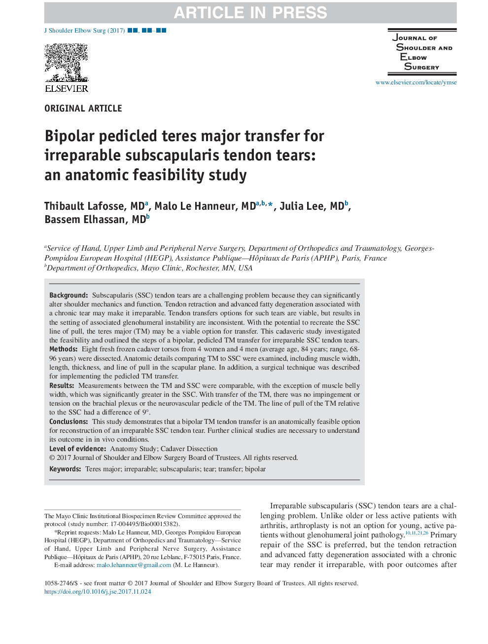 Bipolar pedicled teres major transfer for irreparable subscapularis tendon tears: an anatomic feasibility study