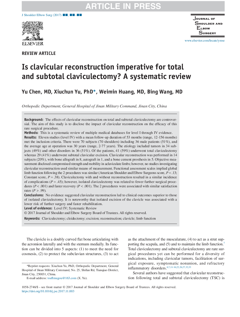 Is clavicular reconstruction imperative for total and subtotal claviculectomy? A systematic review