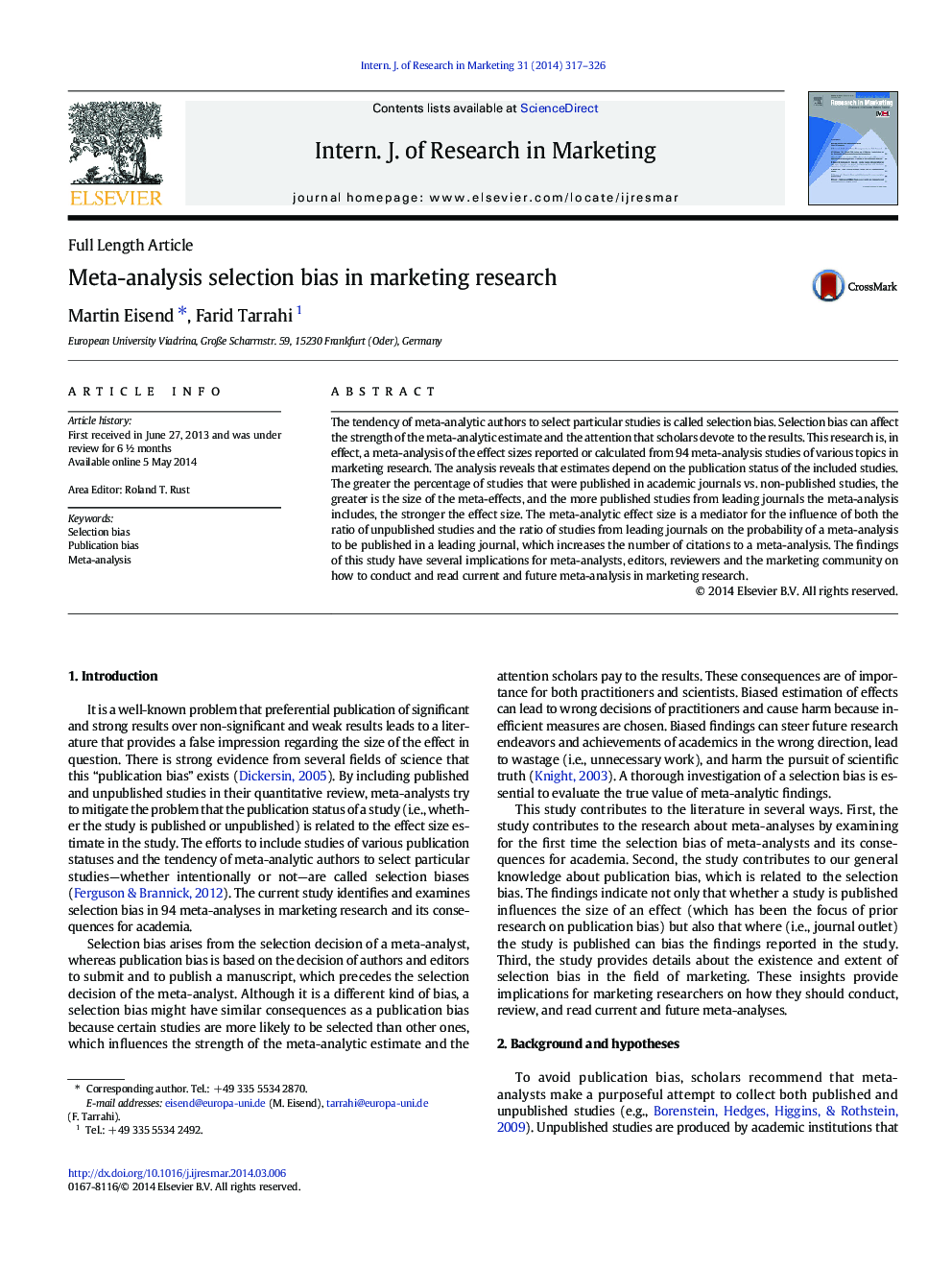 Meta-analysis selection bias in marketing research