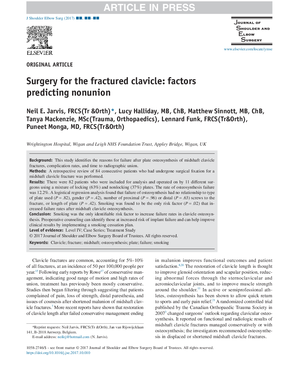 Surgery for the fractured clavicle: factors predicting nonunion