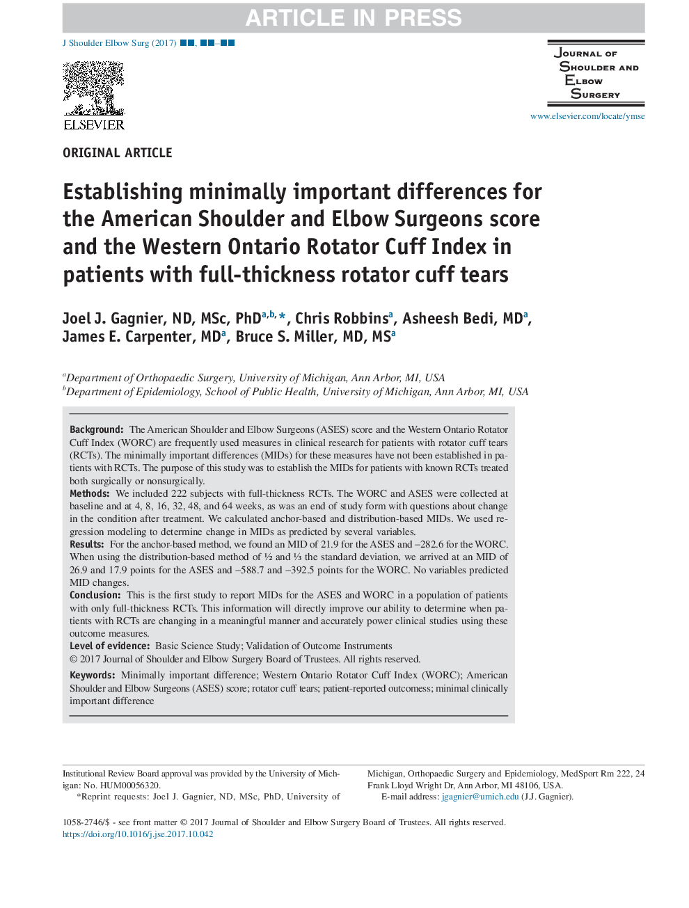 Establishing minimally important differences for the American Shoulder and Elbow Surgeons score and the Western Ontario Rotator Cuff Index in patients with full-thickness rotator cuff tears