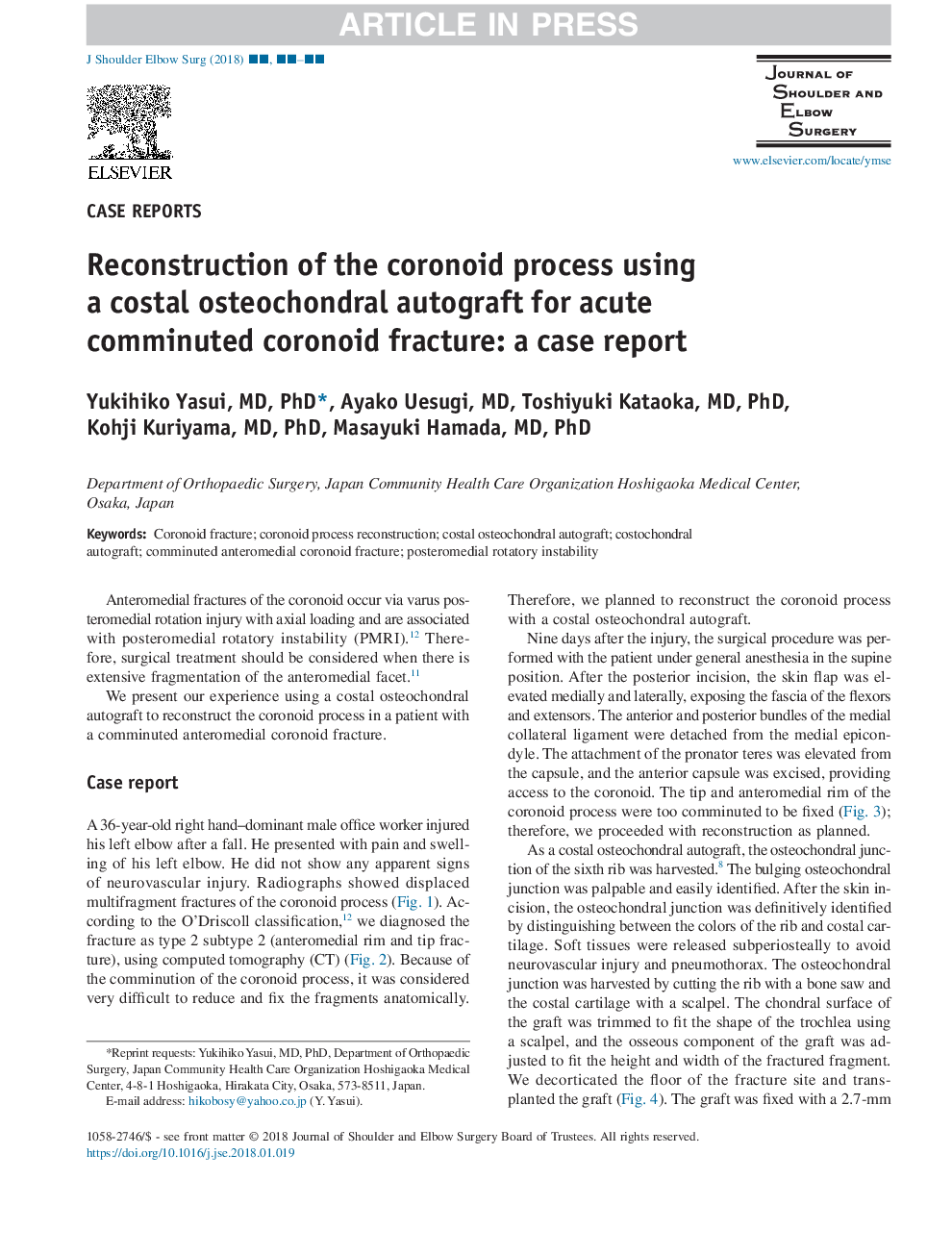 Reconstruction of the coronoid process using a costal osteochondral autograft for acute comminuted coronoid fracture: a case report