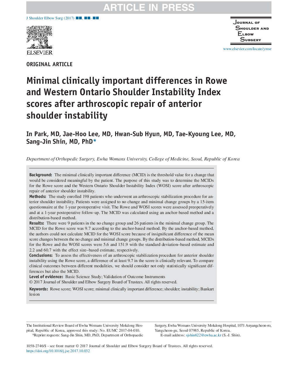 عکس صفحه اول مقاله: Minimal clinically important differences in Rowe and Western Ontario Shoulder Instability Index scores after arthroscopic repair of anterior shoulder instability Minimal clinically important differences in Rowe and Western Ontario Shoulder Instability Index scores after arthroscopic repair of anterior shoulder instability
